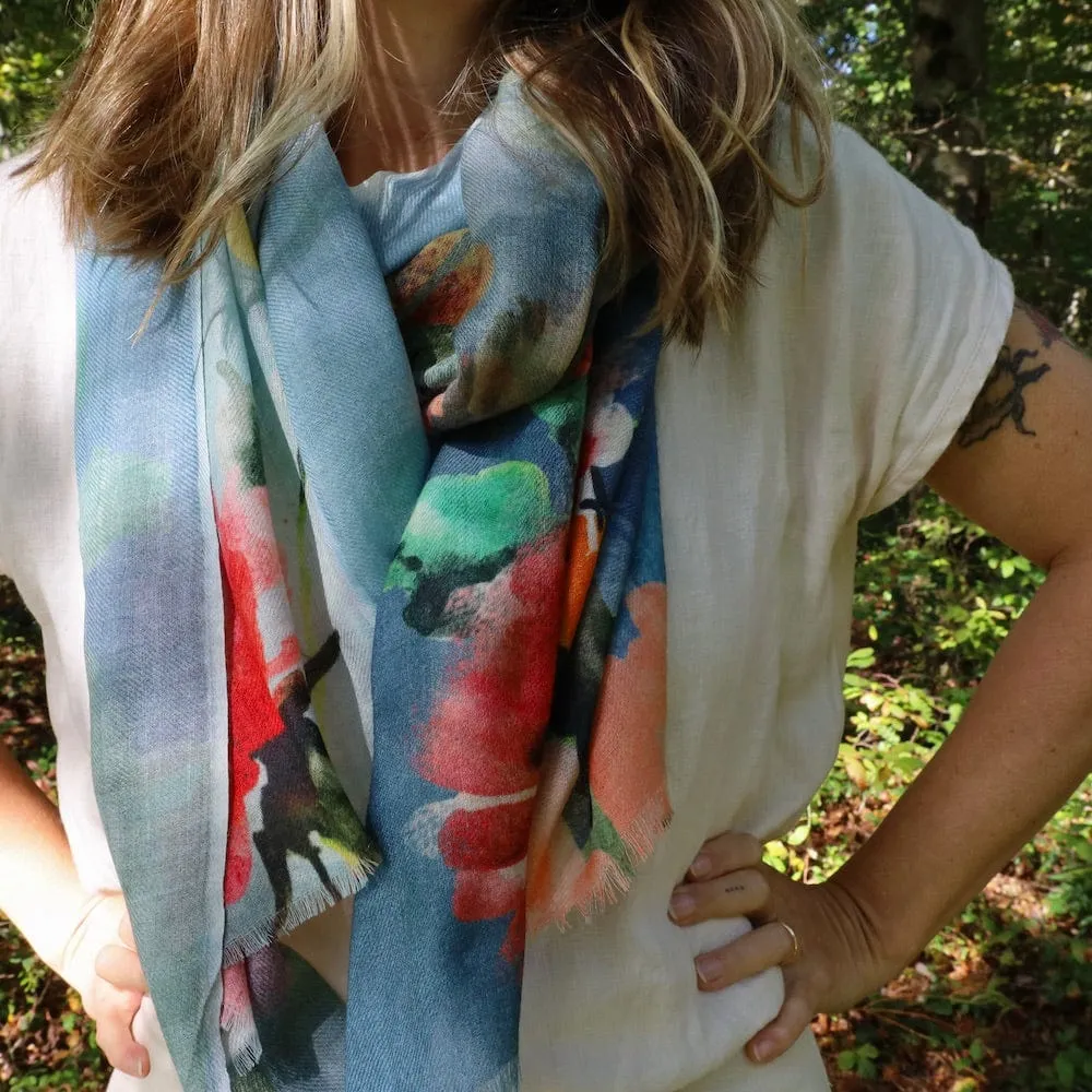 Wool/Silk Scarf - Floral on Blue