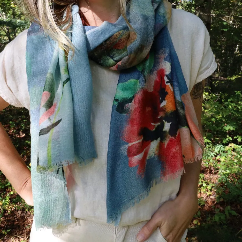 Wool/Silk Scarf - Floral on Blue