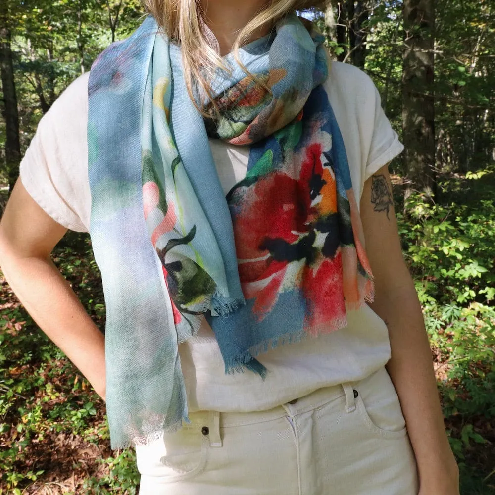 Wool/Silk Scarf - Floral on Blue