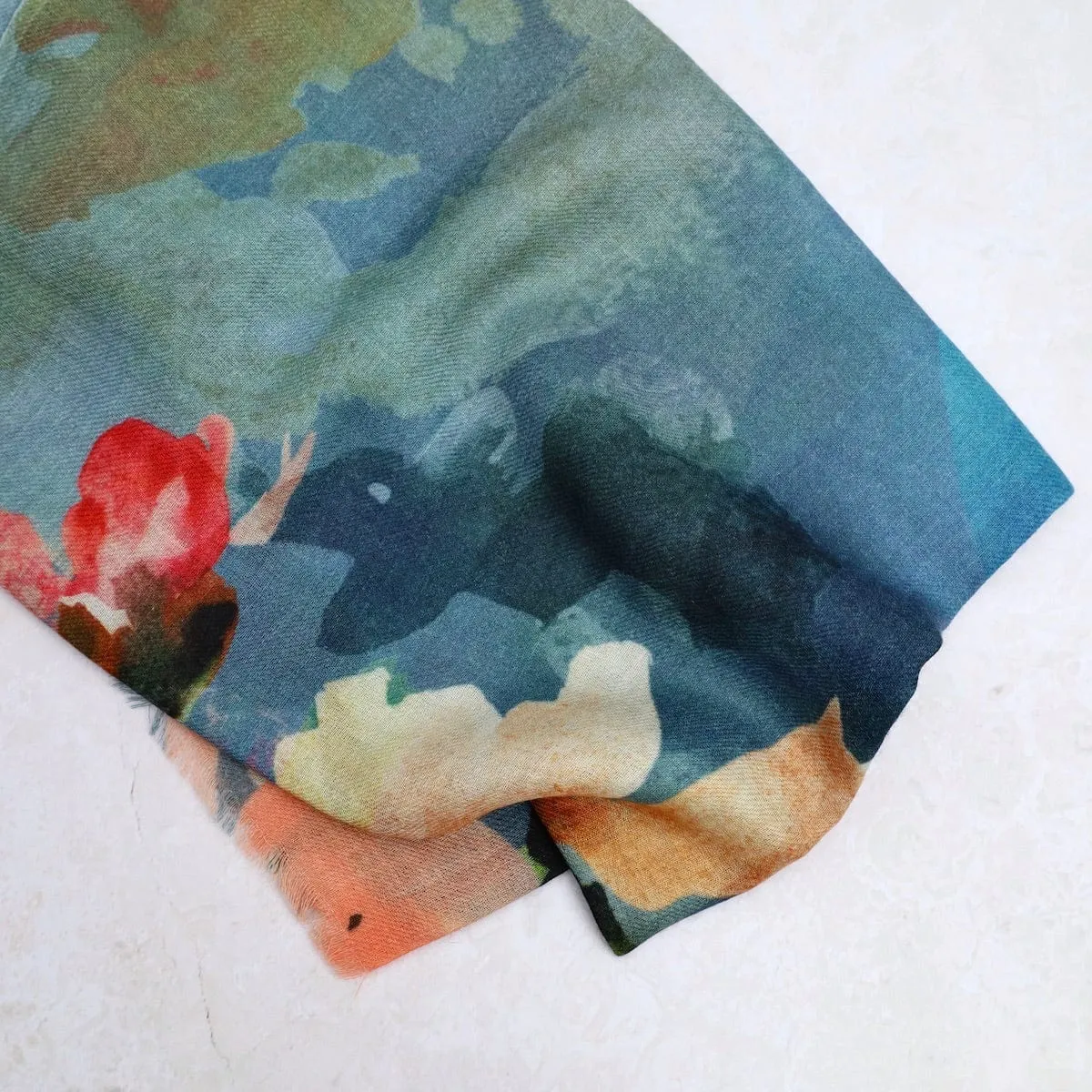 Wool/Silk Scarf - Floral on Blue